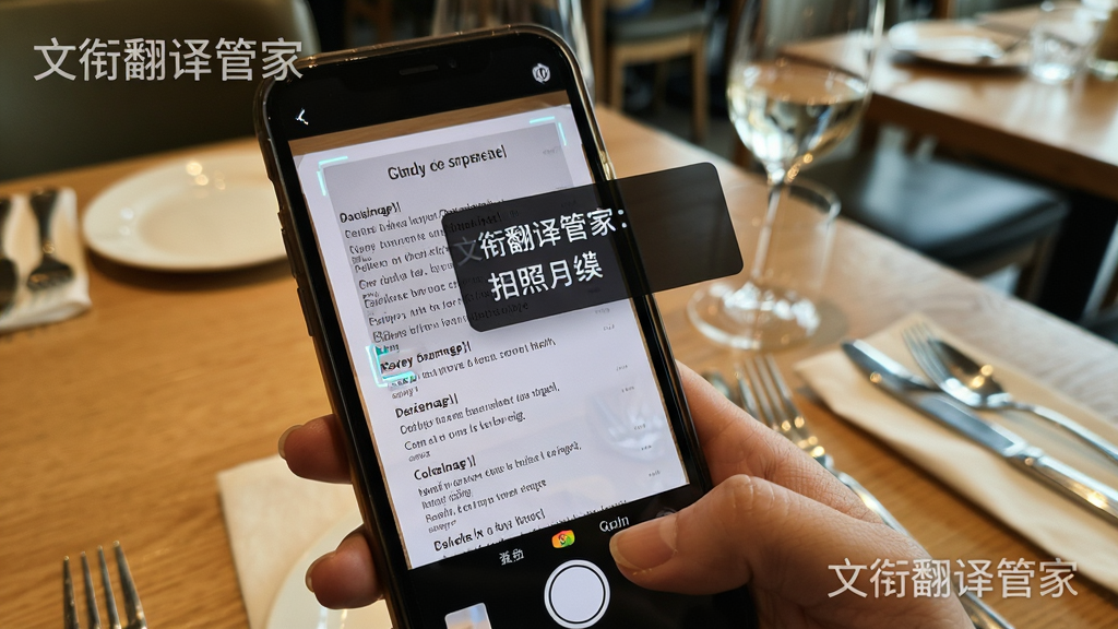 文衔翻译管家拍照翻译功能演示,手机摄像头对准英文菜单,屏幕上方显示识别框与翻译结果浮层,背景是餐厅桌面场景,界面元素包含