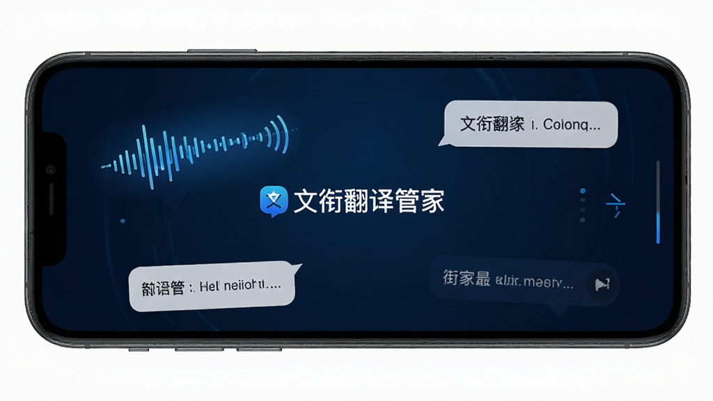文衔翻译管家语音翻译界面,手机屏幕显示声波动态图标与中英对话气泡,背景为深色科技蓝调,界面中央有