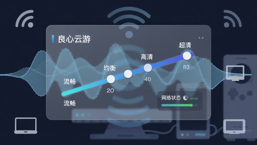 画面主体为一块半透明的显示面板,面板上展示着良心云游的画质调节滑块与网络状态指示器,滑块从低到高标注着流畅、均衡、高清、超清等档位,背景是抽象的网络信号波纹与设备轮廓,布局为居中排版,面板位于画面中央,四周环绕着信号强度图标与设备图标,风格为简洁扁平化UI设计,细节上滑块带有渐变色彩,网络波纹呈现淡蓝色半透明效果,画质清晰干净,无多余元素,图片中文字内容为“良心云游”