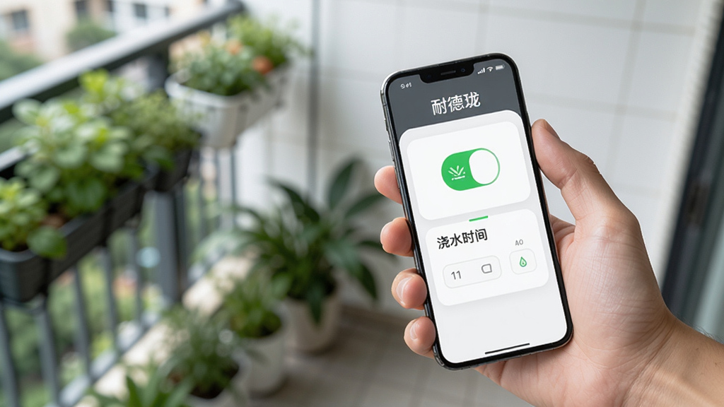 主体为一只手持智能手机的手,屏幕上显示耐德珑远程控制界面,界面中有开关按钮和浇水时间设置,布局为手部特写占据画面右侧,左侧背景为模糊的阳台绿植,排版采用对角线构图,风格为现代科技感,细节包括手机屏幕上的