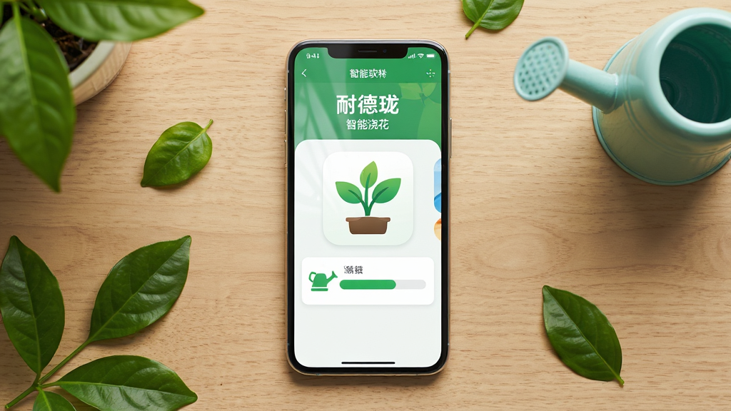 主体为一部智能手机,屏幕上显示耐德珑软件界面,界面中有绿色植物图标和浇水进度条,布局为手机居中放置于木质桌面,周围散落几片绿叶和一把小喷壶,排版采用俯视视角,风格为清新写实,细节包括手机边框反光、界面文字清晰显示
