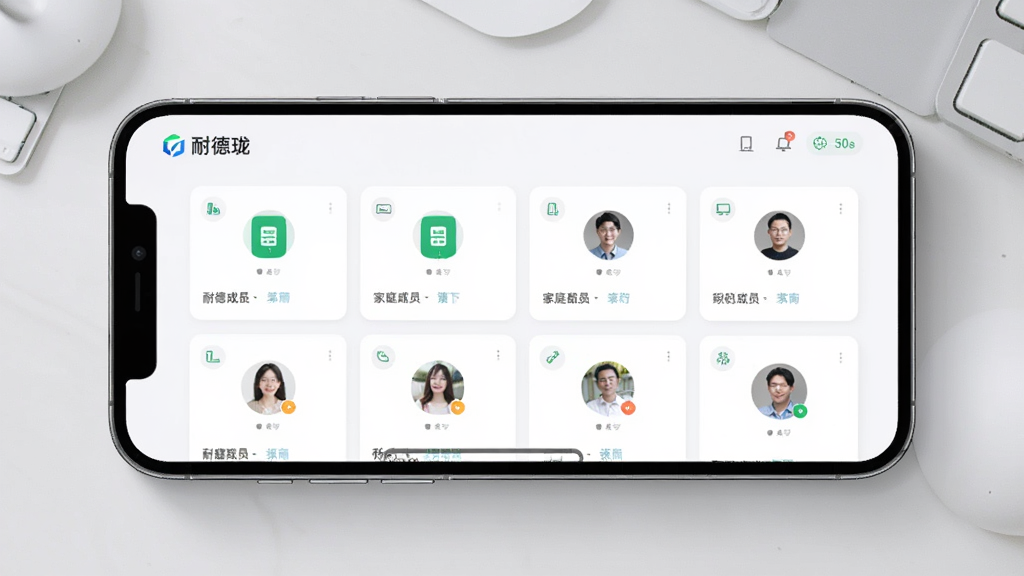 主体为耐德珑软件的多设备管理界面,屏幕上显示多个设备卡片和家庭成员头像,布局为手机横向展示,背景为浅灰色极简桌面,排版为居中构图,风格为现代简约,细节包括屏幕上的