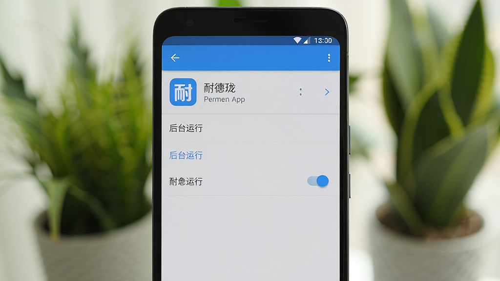 主体为一部安卓手机屏幕显示耐德珑App的权限设置页面,布局为手机特写,背景为模糊的室内绿植,排版为居中,风格为教程截图风,细节包括屏幕上