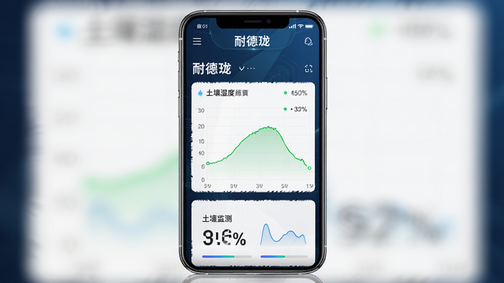 主体为耐德珑软件的数据监测界面,屏幕上显示土壤湿度折线图和百分比数值,布局为手机屏幕居中,背景为深色科技蓝渐变,排版为竖向展示,风格为数据可视化,细节包括屏幕上的