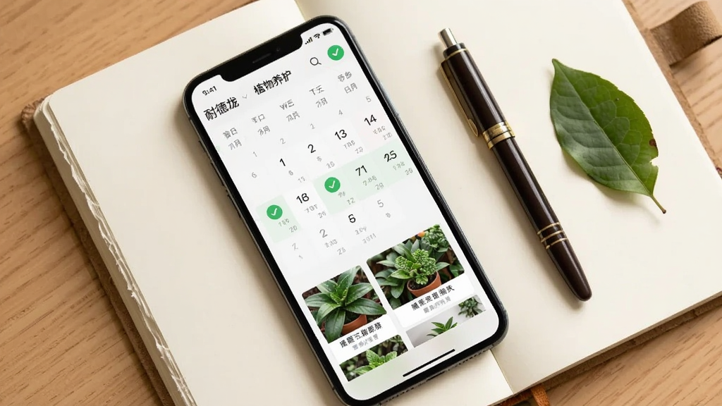 主体为耐德珑软件中的植物养护日志界面,屏幕上显示日历视图和植物照片缩略图,布局为手机平放于一本打开的笔记本上,旁边有一支笔和一片树叶,排版为俯拍,风格为温馨生活风,细节包括屏幕上的