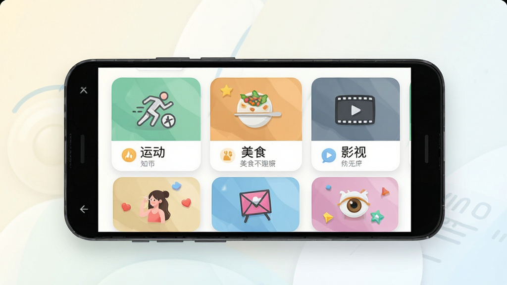 一张展示米友圈兴趣社群功能的界面截图,画面中央是一部安卓手机,屏幕内显示多个兴趣圈子卡片,卡片上有运动、美食、影视等图标和名称,背景为柔和浅色,风格清新明快,细节丰富,画质高清,干净无多余元素