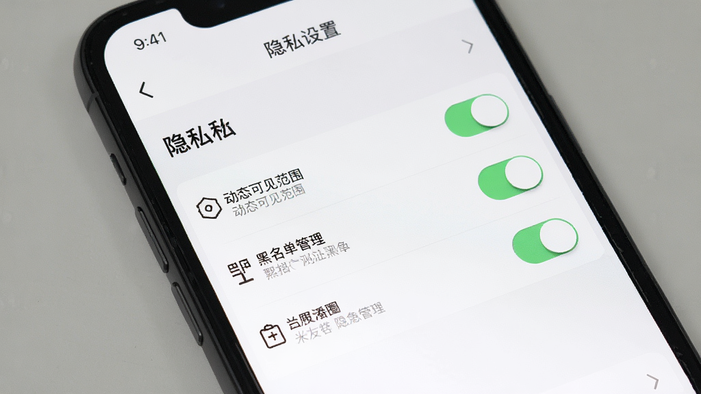 一张展示米友圈隐私设置页面的手机截图,画面中手机屏幕显示隐私选项列表,包括动态可见范围、黑名单管理等开关按钮,界面风格素雅极简,配色干净,细节清晰,画质高清,无多余元素