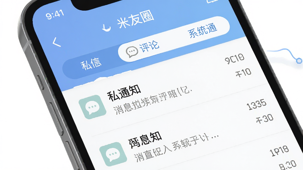 一张展示米友圈消息通知中心的手机界面图,画面中手机屏幕显示消息列表,包含私信、评论和系统通知三类标签页,界面布局整洁,配色柔和,风格简约商务,细节清晰,画质高清,干净无多余元素