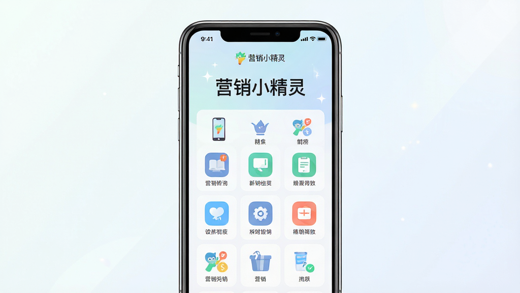 一张展示“营销小精灵”软件主界面的手机样机图,主体是一部竖屏智能手机,屏幕中显示软件主界面,界面上有“营销小精灵”字样和功能图标,背景是干净明亮的浅色渐变,排版居中展示手机全貌,风格为现代扁平化科技感,细节包含清晰的图标和文字排版,画质高清,干净无多余元素