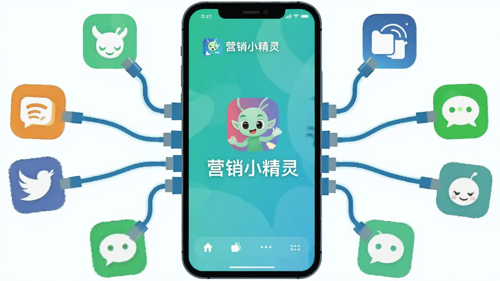 一张展示手机屏幕中“营销小精灵”软件正在执行多平台分发任务的插画,画面主体是一部手机,屏幕中延伸出多条数据线连接着不同社交软件的图标,布局呈现放射状,风格为扁平化矢量插画,细节包含“营销小精灵”的LOGO和流畅的线条,画质清晰,背景干净