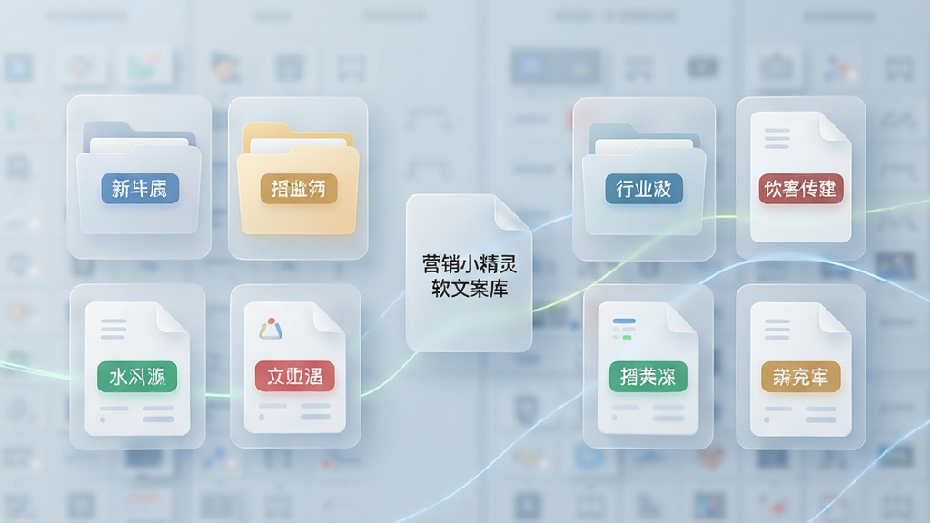 一张展示“营销小精灵”软件文案库界面的概念图,主体是悬浮在空中的文件夹和文档图标,每个文档上标注着不同行业标签,布局为左右对称的卡片式排列,风格为清新商务风,细节包含半透明的磨砂玻璃效果和清晰的分类标签,画质柔和,干净无多余元素