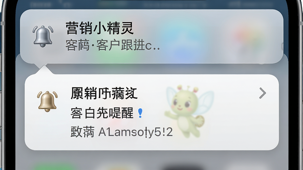 一张展示手机通知栏弹出“营销小精灵”客户跟进提醒的界面截图风格图片,主体是手机顶部下拉通知界面,显示日程提醒卡片,布局为顶部横幅式展示,风格为拟物化UI设计,细节包含清晰的铃铛图标和日程文字,画质高清,背景简洁