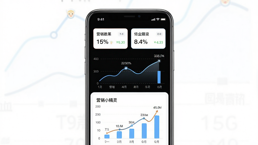 一张展示“营销小精灵”数据统计页面的信息图表,主体是手机屏幕中显示折线图和柱状图,布局为上下结构,上方是数据卡片下方是趋势图,风格为极简数据可视化风格,细节包含清晰的数字标注和“营销小精灵”标识,画质清晰锐利,背景纯白