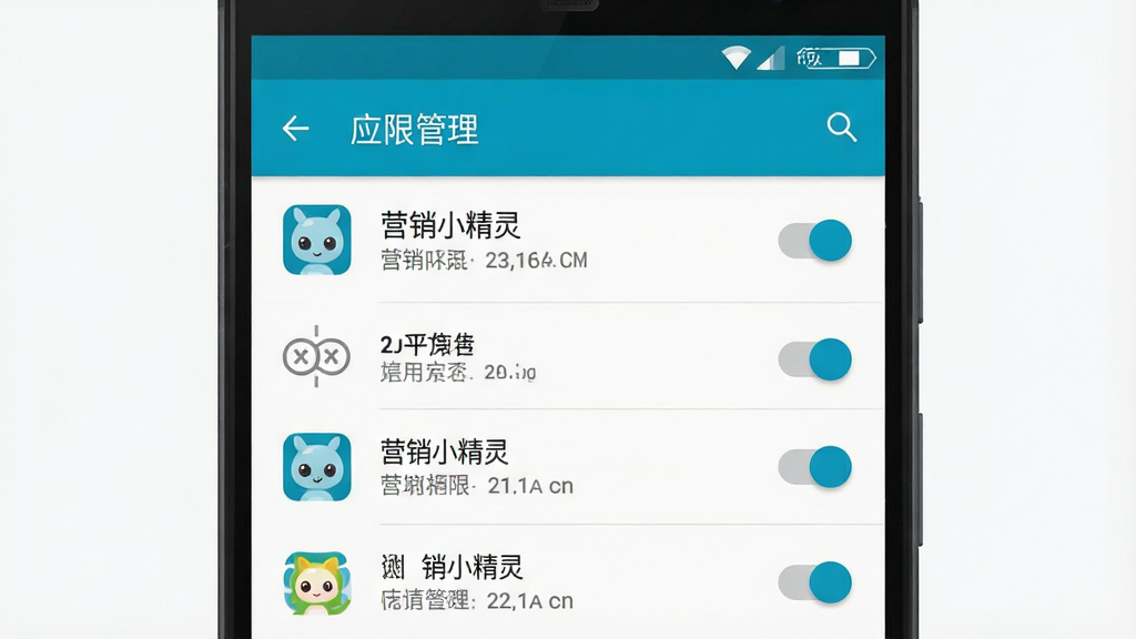 一张展示安卓手机“设置”界面中应用权限管理页面的示意图,主体是手机屏幕显示权限开关列表,布局为垂直列表式,风格为扁平化系统UI风格,细节包含“营销小精灵”应用名称和权限开关按钮,画质清晰,背景干净无杂乱元素