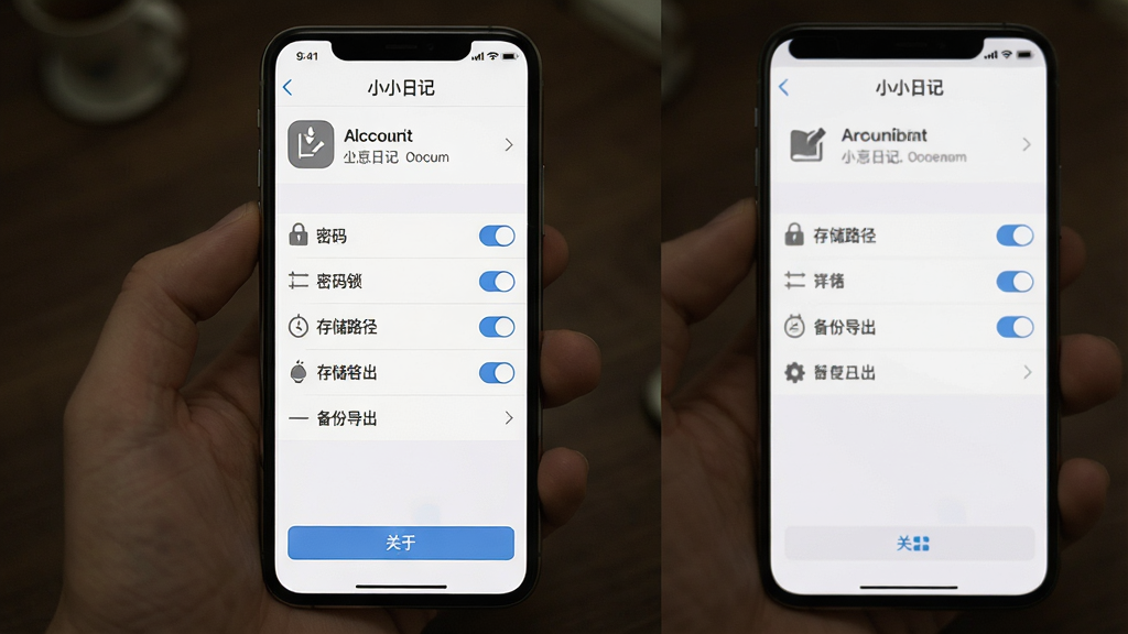 一张展示手机屏幕上应用设置界面的图片,画面中央是“小小日记”应用的设置页面,布局为顶部有账户信息,中部有密码锁、存储路径、备份导出等选项列表,底部有关于按钮,排版整齐,风格为简洁实用,细节包括白色背景、灰色图标、蓝色开关按钮,画质高清,干净,无多余元素