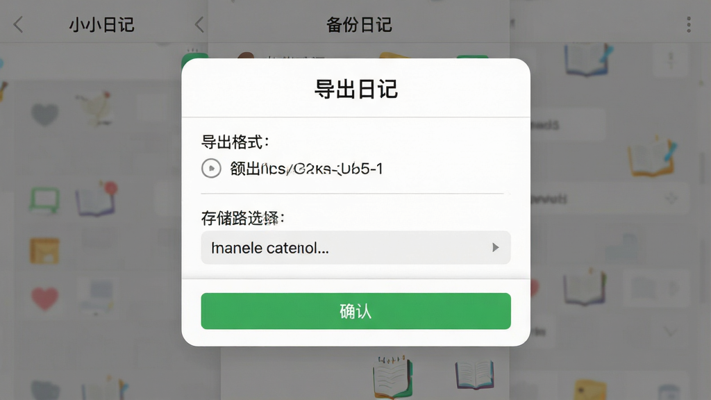 一张展示手机屏幕上备份导出界面的图片,画面中央是“小小日记”应用的导出选项弹窗,布局为顶部有标题“导出日记”,中部有导出格式选项和存储路径选择,底部有确认按钮,排版简洁,风格为扁平化设计,细节包括白色弹窗、灰色分割线、绿色确认按钮,画质高清,干净,无多余元素