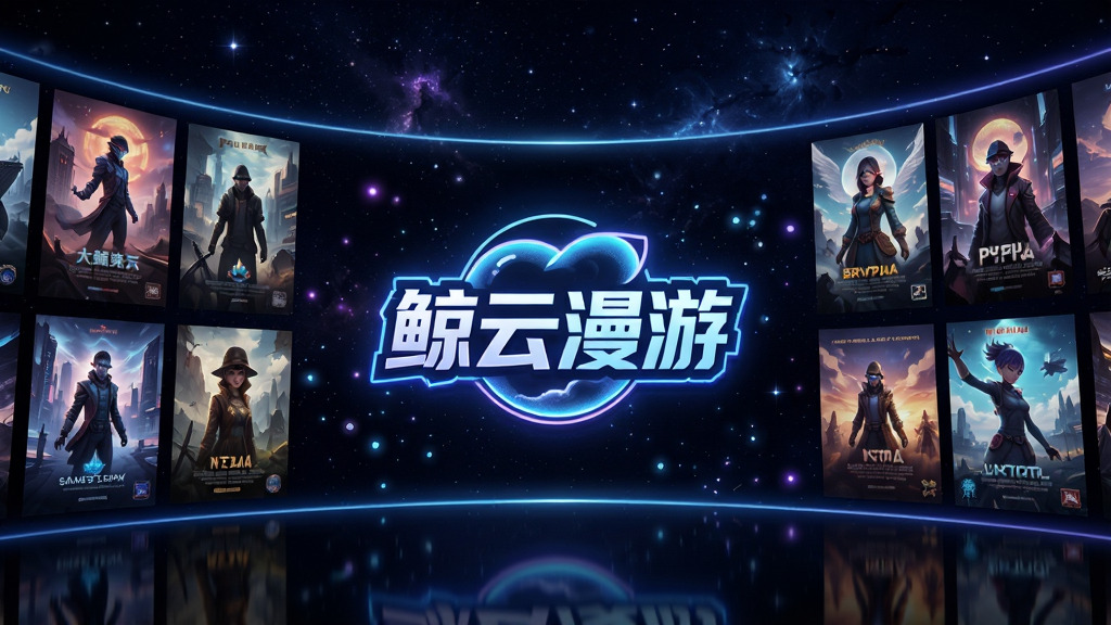 一面弧形游戏封面墙,展示多种类型游戏海报,中央有