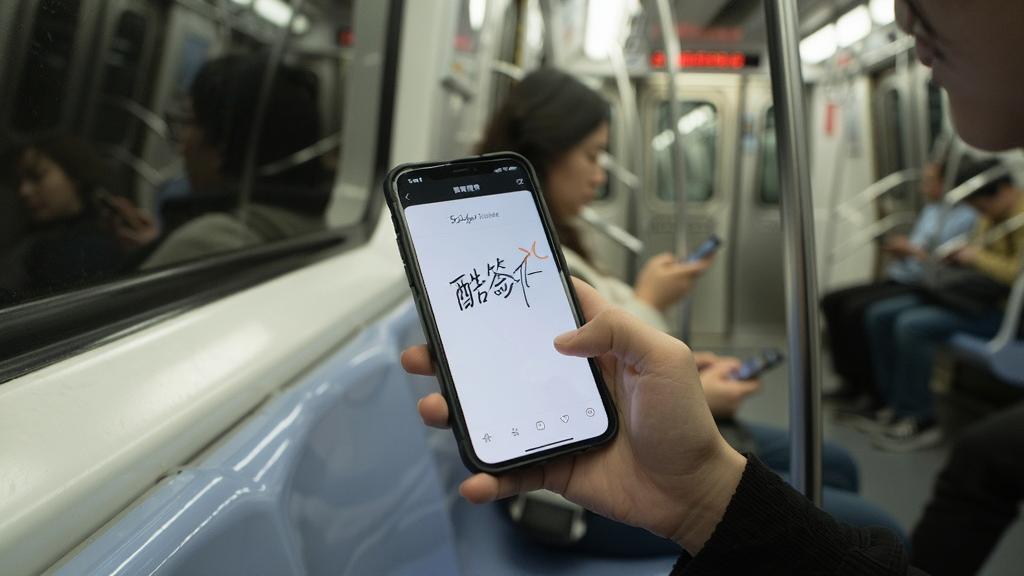画面中一个人坐在地铁车厢里手持手机使用酷签软件设计签名,手机屏幕亮着显示签名界面,背景是车厢内部,风格写实自然,光线柔和,画质清晰,无多余元素