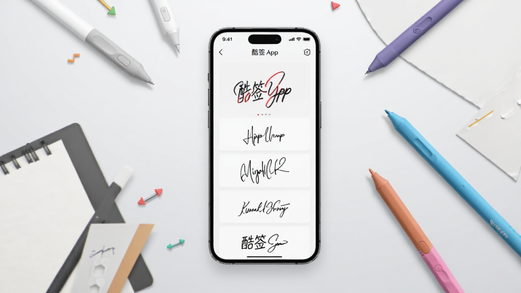画面中央放置一部智能手机,屏幕内显示酷签APP的艺术签名设计界面,界面中有多种手写签名样式预览,周围散落着几支不同颜色的电子笔和纸张元素,背景为浅灰色渐变,整体风格简洁现代,排版干净整洁,画质清晰,无多余元素