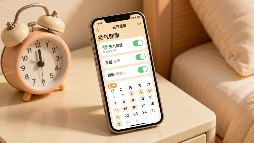 手机屏幕显示“元气健康”APP的提醒设置界面,界面中有多个带开关的提醒项和打卡日历。手机放在床头柜上,旁边有一个小闹钟。整体风格柔和圆角,色彩温暖,排版整齐,画质清晰,无多余元素。