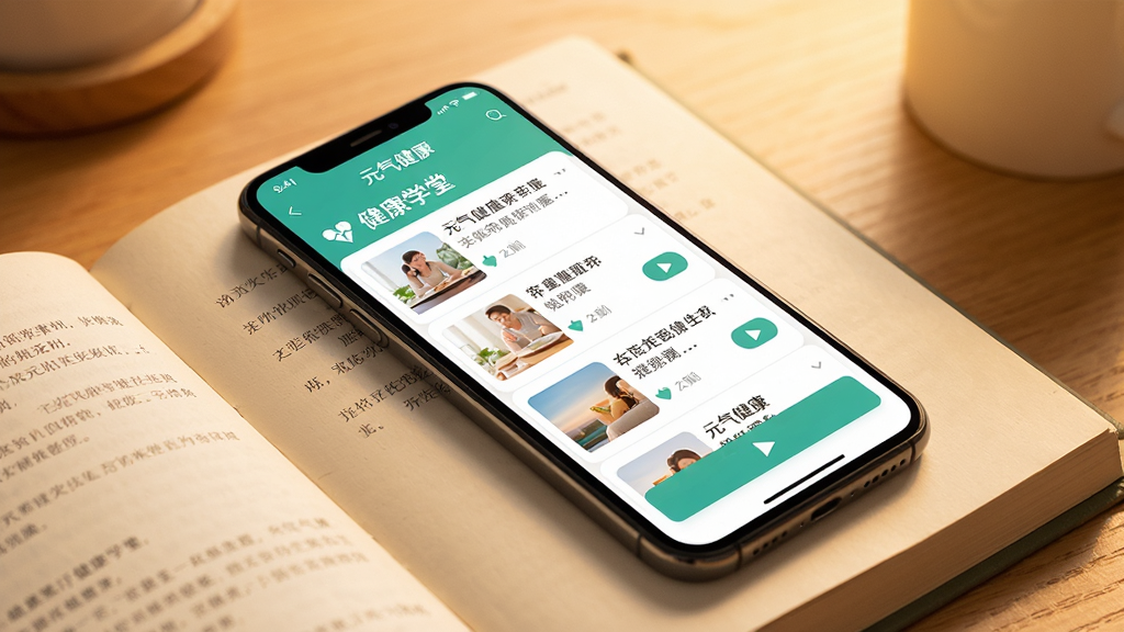 手机屏幕显示“元气健康”APP的健康学堂页面,页面中有文章列表和播放按钮。手机斜放在一本打开的书本上,背景是暖色调的桌面。整体风格温馨柔和,排版清晰,细节丰富,画质干净,无多余元素。