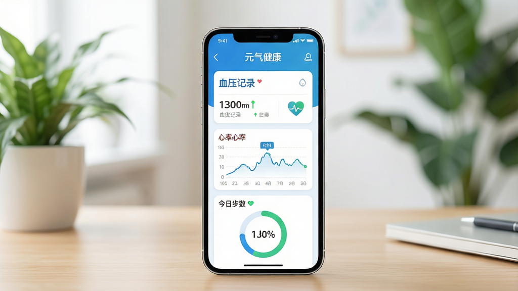 画面中央放置一部智能手机,手机屏幕上显示“元气健康”APP的主界面,界面包含血压记录卡片、心率曲线图和今日步数圆环。背景是干净明亮的室内环境,有绿植和木质桌面。整体风格清新健康,色彩以蓝白绿为主,排版简洁有序,细节清晰,画质干净,无多余元素。