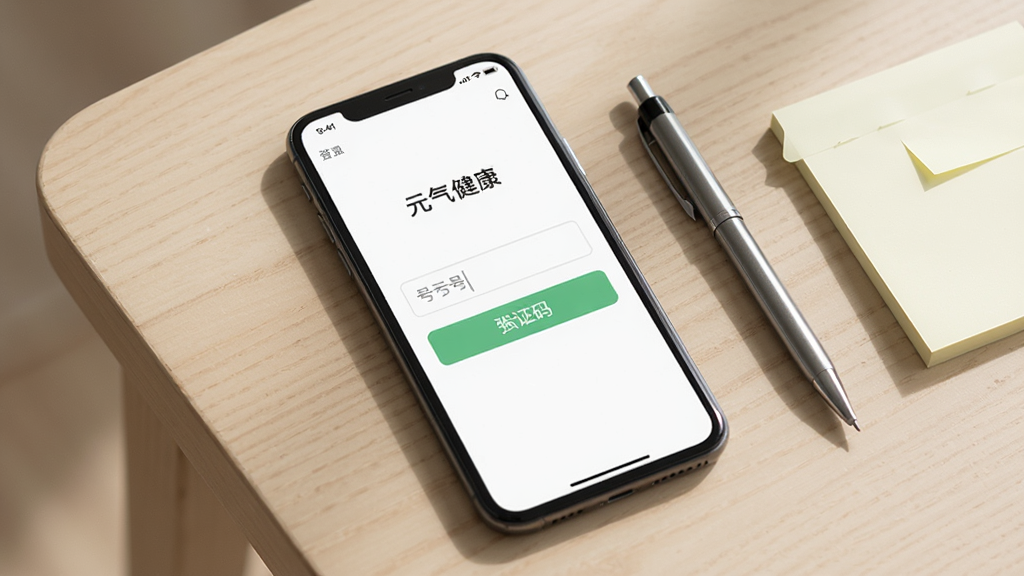 手机屏幕显示“元气健康”APP的注册登录页面,页面简洁,有手机号输入框和验证码按钮。手机放在浅色桌面上,旁边有一支笔和便签纸。整体风格素雅极简,排版清晰,画质干净,无多余元素。