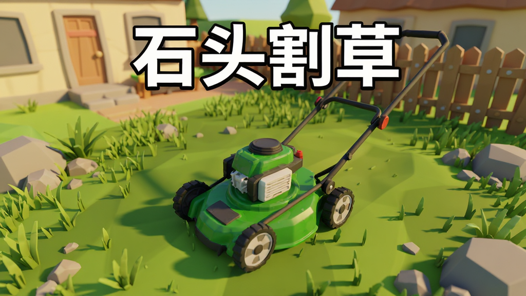 画面中央是一台绿色小型割草机停在一片长满杂草和散落石块的庭院草坪上,背景是低多边形风格的房屋与栅栏,阳光柔和,构图采用俯视微斜视角,排版上游戏标题“石头割草”以粗体白色字放在画面上方,风格为卡通3D渲染,细节包括草叶纹理、石头阴影、割草机滚轮与把手,画质清晰,干净,无多余元素