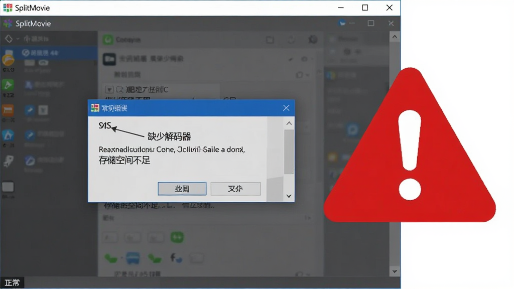 主体为SplitMovie软件运行界面与常见错误提示弹窗,布局为左侧正常界面、右侧红色警告图标,排版为对比式构图,风格为教程说明图,细节为弹窗文字显示“缺少解码器”和“存储空间不足”,画质为高清、干净、无多余元素