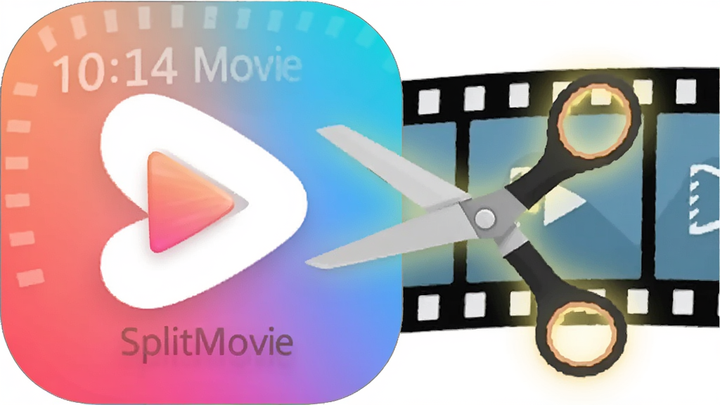 主体为SplitMovie软件图标与一把发光的剪刀,布局为图标居中、剪刀从右侧切入视频胶卷,排版为横向构图,风格为扁平化设计,细节为胶卷上带有时间刻度与视频帧图案,画质为高清、干净、无多余元素