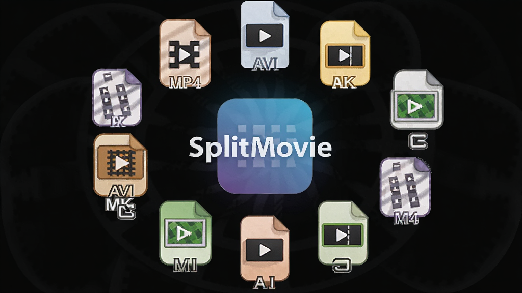 主体为多个不同格式的视频文件图标环绕SplitMovie标志,布局为圆形放射状排列,排版为居中对称,风格为简洁明快,细节为每个图标下方标注格式缩写如MP4、AVI、MKV,画质为高清、干净、无多余元素