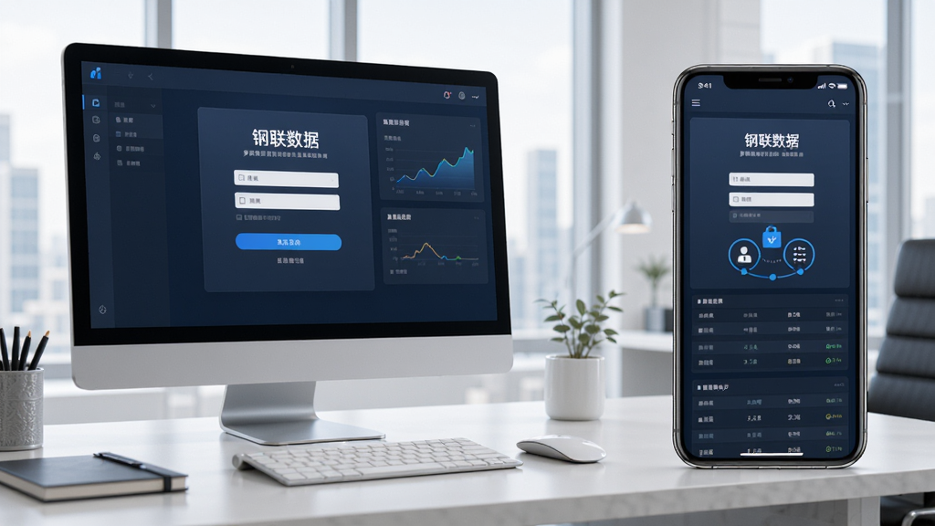 钢联数据多终端协同使用场景,画面左侧为电脑客户端,右侧为手机移动端,两者屏幕均显示相同的数据内容,主体为办公桌面,布局左右呼应,排版平衡,风格为科技商务,细节包含账号登录界面和数据同步标识,画质高清,干净,无多余元素