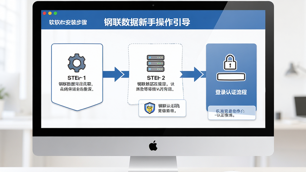 钢联数据新手操作引导界面,画面展示软件安装步骤和登录认证流程,主体为电脑屏幕,布局为分步图示,排版清晰,风格为教程指引,细节包含箭头标注和文字说明框,画质高清,干净,无多余元素