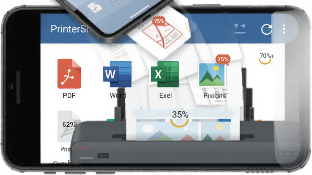 一部手机屏幕展示PrinterShare的文件选择界面,屏幕上排列着PDF、Word、Excel、图片等多种文件类型图标,文件从手机顶部飞入打印机的进纸口,布局为上下结构,风格为扁平化信息图,细节包含文件格式角标、打印进度百分比,画质清晰,背景简洁,无多余装饰