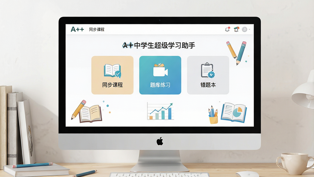 一张展示A++中学生超级学习助手软件主界面的图片,画面主体为电脑屏幕,屏幕中显示软件首页,包含同步课程、题库练习、错题本等模块入口,布局为居中排版,风格为清新简约的教育科技风,细节包含书本、铅笔、图表等学习元素,画质清晰,干净,无多余元素。