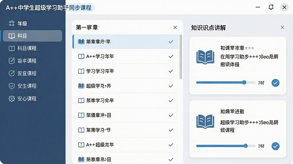 一张展示A++中学生超级学习助手同步课程界面的图片,画面主体为软件界面,左侧为年级与科目导航,中间为章节列表,右侧为知识点讲解卡片,布局为三栏式,风格为清爽教育风,细节包含课本图标、进度条、勾选标记,画质清晰,干净,无多余元素。