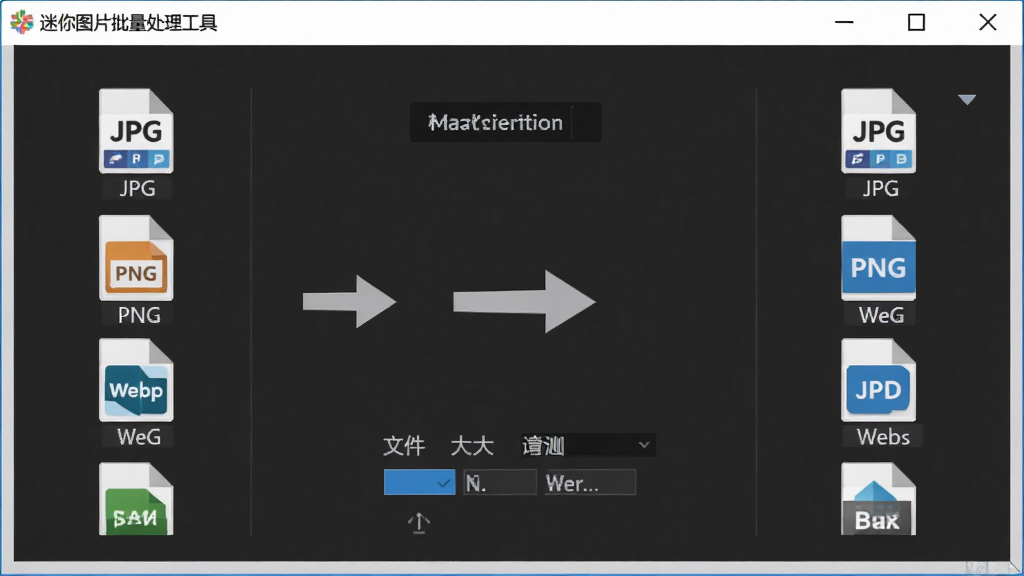 迷你图片批量处理工具的格式转换功能界面,主体为软件窗口中央显示格式转换设置面板,布局左侧列出输入格式图标右侧列出输出格式图标,中间以箭头连接,排版清晰直观,风格为扁平化设计,细节包括JPG、PNG、WebP等格式标识、转换方向箭头、文件大小对比提示,画质清晰,干净,无多余元素