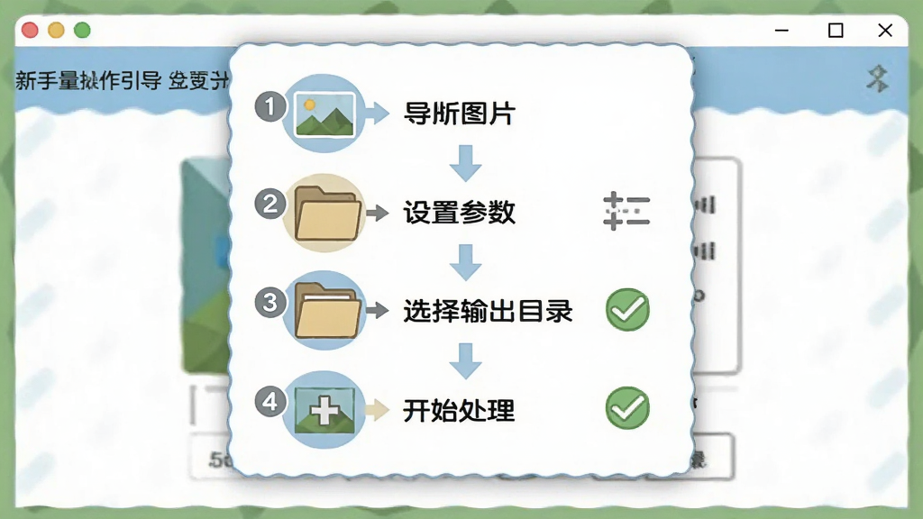 迷你图片批量处理工具的新手操作引导界面,主体为软件窗口中央弹出分步操作指引浮层,布局从上到下依次为导入图片、设置参数、选择输出目录、开始处理四个步骤图示,排版简洁明了,风格为友好教学风,细节包括步骤编号圆圈、箭头指引、文件夹图标、勾选框样式,画质清晰,干净,无多余元素