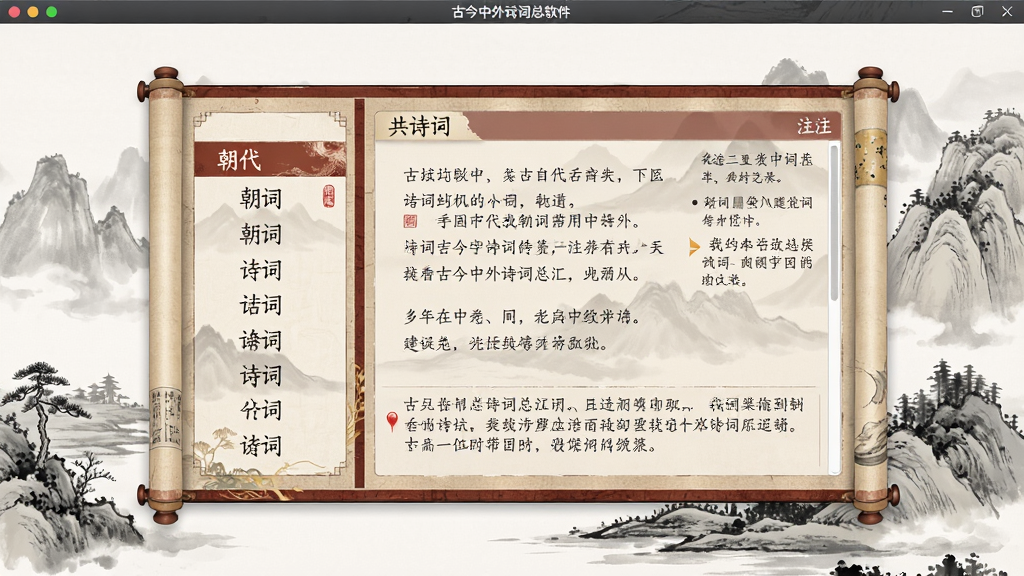 古今中外诗词总汇软件主界面截图,画面中央展示古典书卷式窗口,左侧为朝代分类目录,右侧为诗词正文与注释区域,中国风配色,水墨山水背景,干净整洁,高清画质,无多余元素