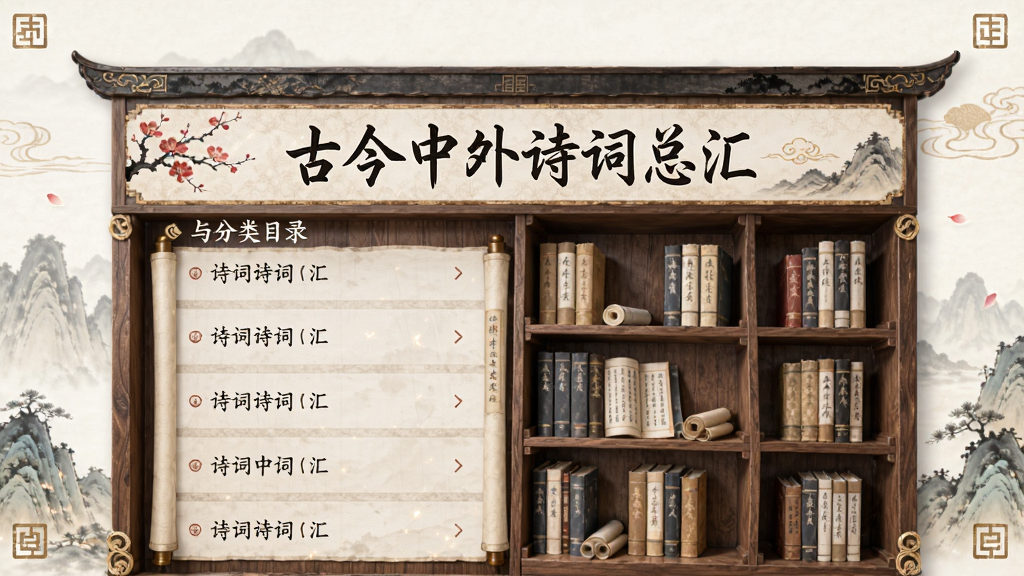 古今中外诗词总汇软件中展示诗词列表与分类目录的界面,画面中有
