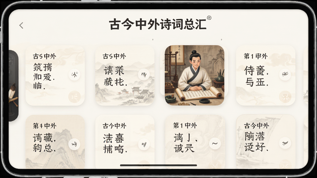 古今中外诗词总汇收藏夹与摘录功能界面,屏幕显示收藏的诗词卡片列表,有