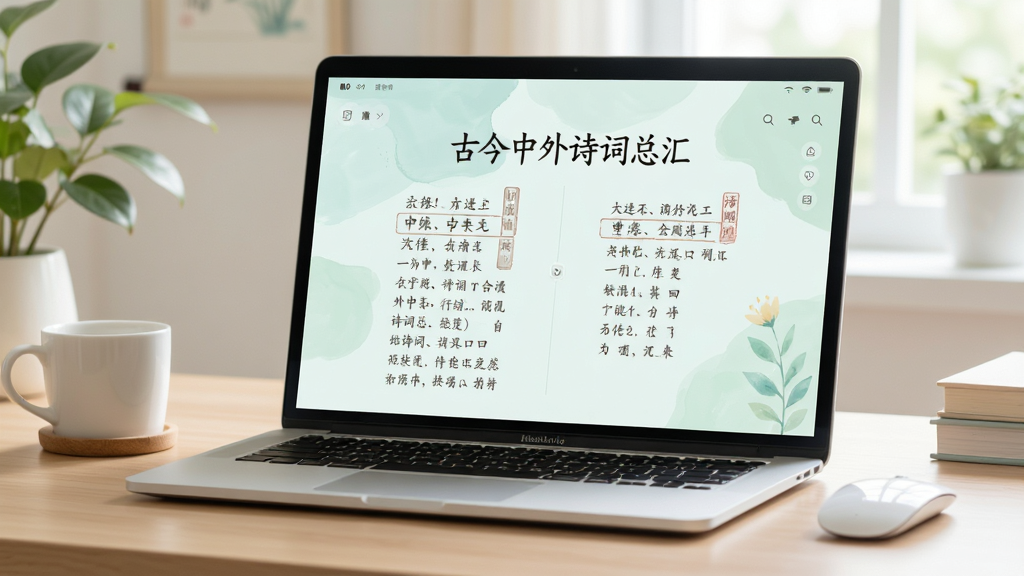 古今中外诗词总汇软件在笔记本电脑上运行的场景图,桌面显示诗词阅读界面,有