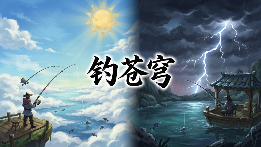 一幅展现钓苍穹游戏内动态天气系统的场景插画,画面分为左右两部分,左侧是晴天白昼的云海钓场,右侧是雷雨交加的幽潭钓场,两位钓者分别在不同天气下垂钓,天空中有明显的太阳与闪电对比,画面中央写有