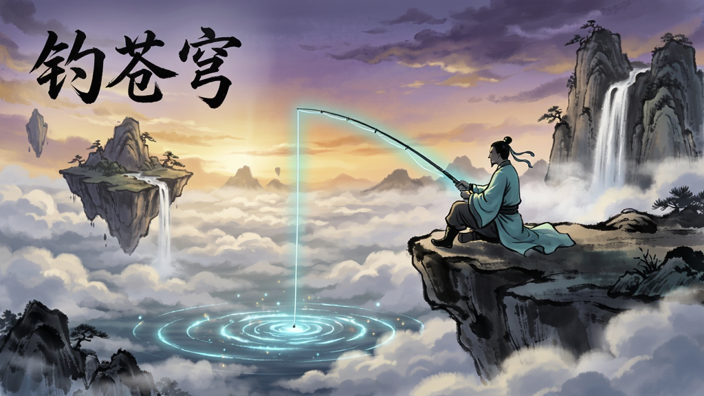 一幅国风水墨风格的仙侠垂钓场景,画面中央一位身着青衫的钓者坐在云海悬崖边,手持发光鱼竿垂入下方云层,远处有悬浮仙山与飞瀑,天空呈现黄昏紫金色调,水面泛起灵光涟漪,画面左上角写有
