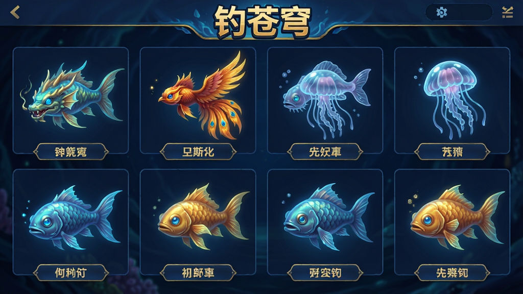 一张展示多种奇幻灵鱼的图鉴界面截图风格插画,画面以网格形式排列着各种发光鱼类,包括龙形鱼、凤凰尾鱼、透明水母鱼等,每条鱼下方有名称标签,界面顶部写有