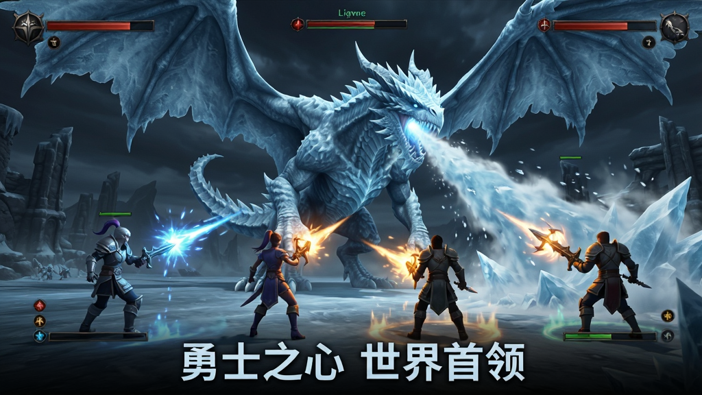 多人组队讨伐巨型冰霜巨龙,画面中四名玩家角色从不同方向释放技能,巨龙张开翅膀喷吐冰息,画面下方用文字标注“勇士之心 世界首领”,布局为战斗场景全景,风格为暗黑奇幻CG,细节包含冰霜特效、技能光效、血条UI,画质高清,干净,无多余元素