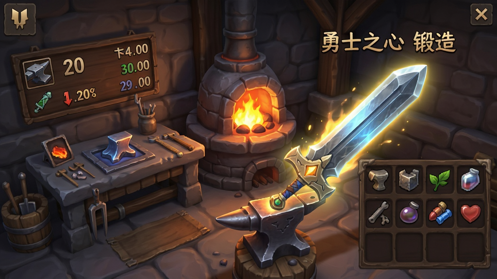 游戏内的铁匠铺界面,展示装备锻造台、熔炉与材料栏,画面中有一把发光巨剑正在被强化,旁边用文字标注“勇士之心 锻造”,布局为功能界面截图风格,细节包含火焰、铁砧、属性数值,画质高清,干净,无多余元素