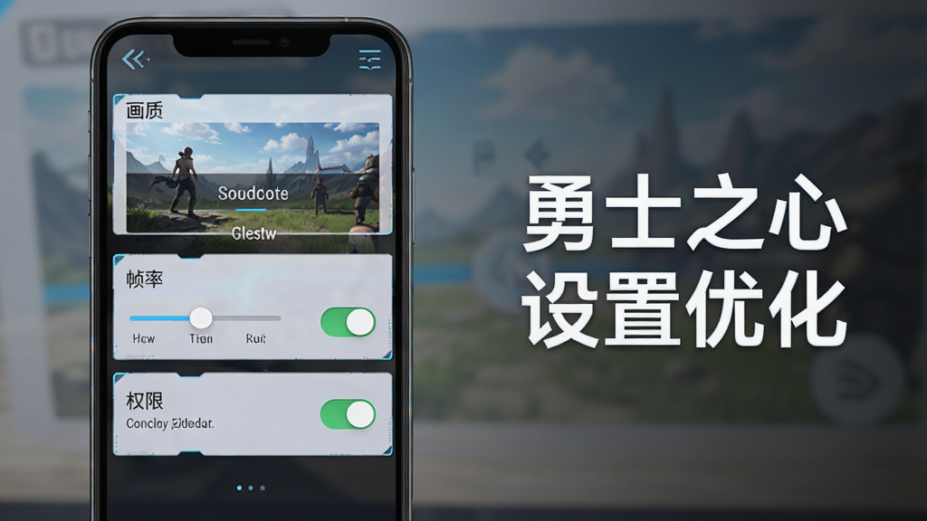 手机屏幕显示游戏设置界面,包含画质选项、帧率选项、权限开关,画面旁边用文字标注“勇士之心 设置优化”,布局为竖版UI截图,风格为简洁科技感,细节包含滑块、开关按钮、文字说明,画质高清,干净,无多余元素