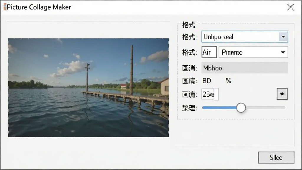 Picture Collage Maker导出设置窗口截图,主体为格式选择和分辨率调节面板,布局中左侧是预览图右侧是参数选项,排版简洁,风格为标准的软件对话框风格,细节包含格式下拉菜单和画质滑块,画质清晰干净,无多余元素