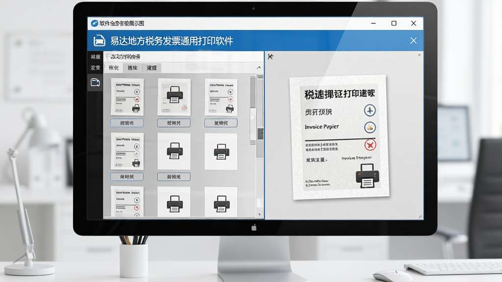 软件全貌展示图,主体为易达地方税务发票通用打印软件在Windows电脑屏幕上的运行界面,界面左侧为发票模板列表,右侧为打印预览区域,背景为简洁的办公桌面,布局居中,排版整齐,风格为现代商务简约风,细节包括打印机图标、发票纸张纹理、清晰的按钮文字,画质高清,干净,无多余元素